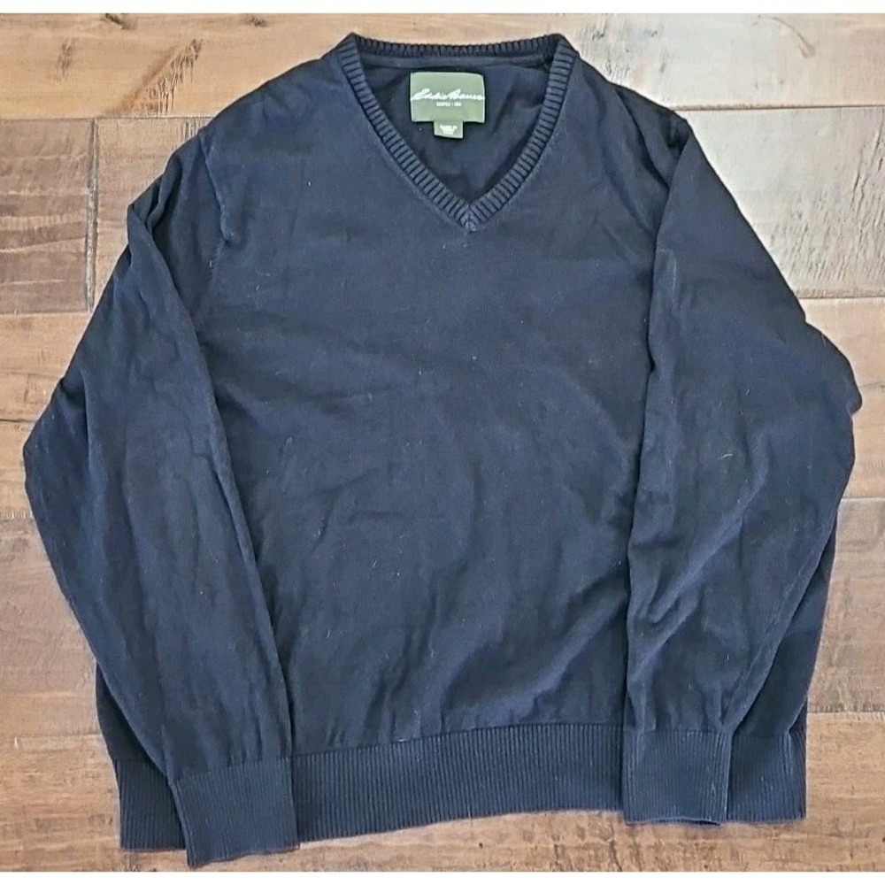 Mens Black EDDIE BAUER V-Neck‎ Long Sleeve Knit Sweater Size XXXL Cashmere Blend